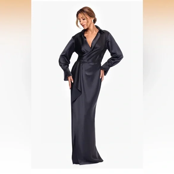 Elegant Black Satin Wrap Dress - Picture 2 of 3